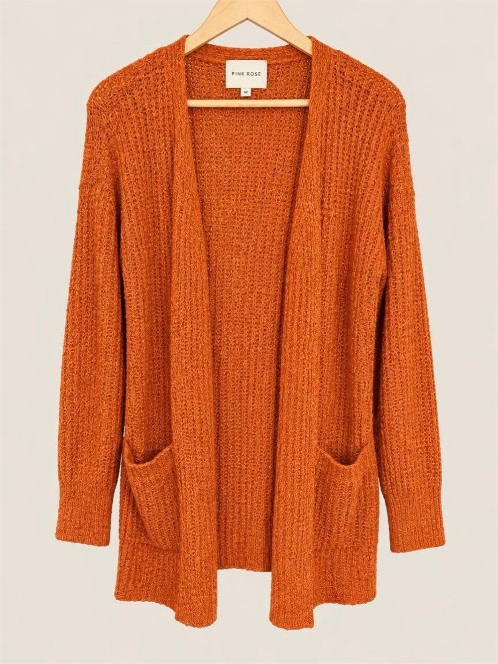 Pink Rose Open-Front Rust Orange Knit Cardigan